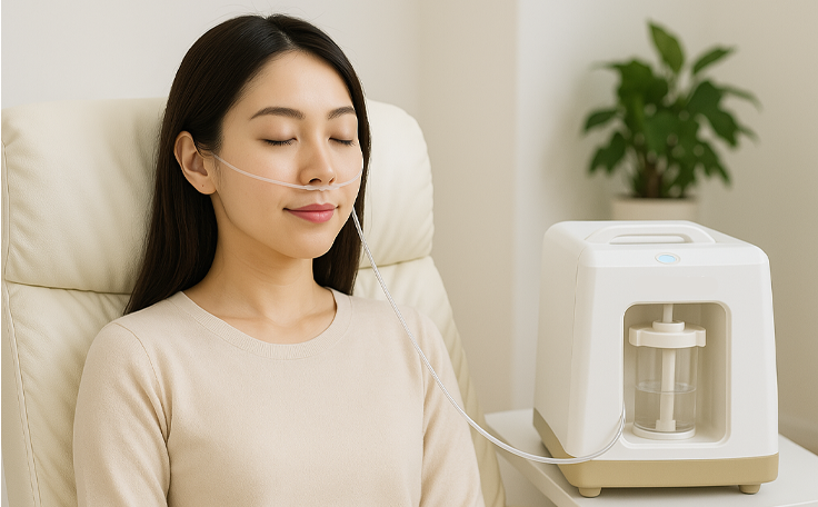 女性がサロン内でリラックスして水素を吸引している様子