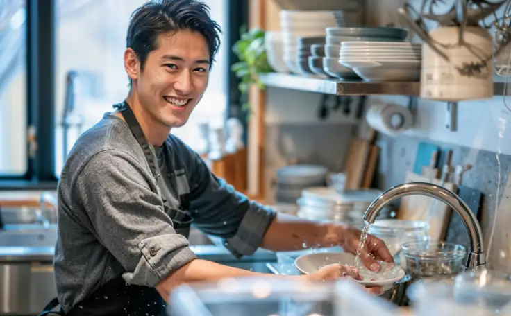 キッチンで食器を洗いながら笑顔を見せる男性。