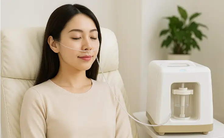 女性がサロン内でリラックスして水素を吸引している様子