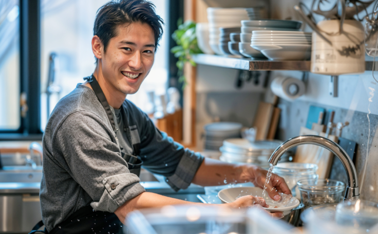 キッチンで食器を洗いながら笑顔を見せる男性。