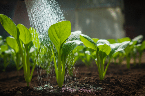小松菜畑に水を撒いてる様子
